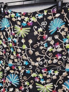 INTRIGUING THREADS Embroidered Maxi Fringe Skirt Black Multicolor Size 8 Floral